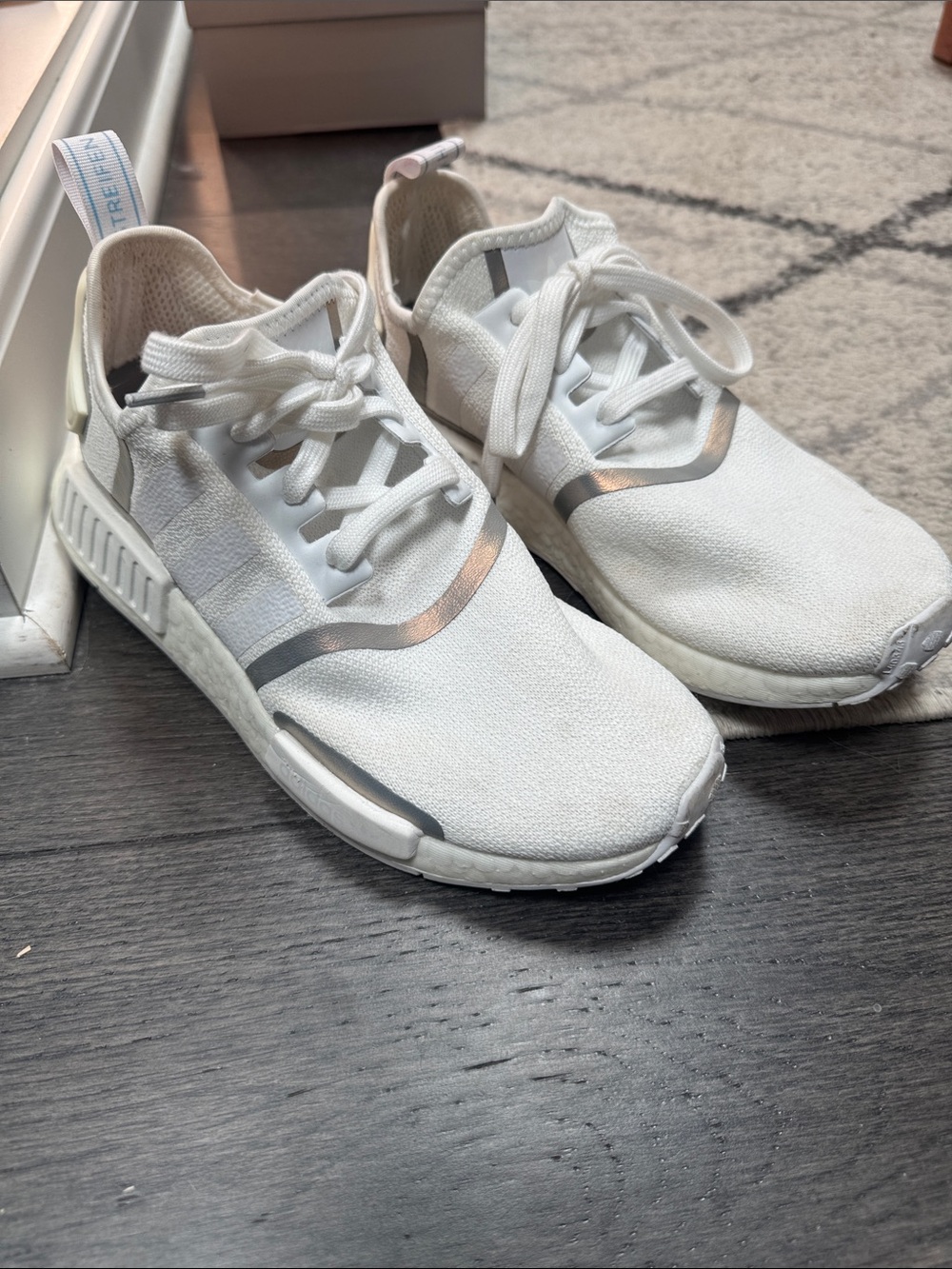 Adidas NMD R1  White Knit Sneakers with Iridescent Accent Stripe
